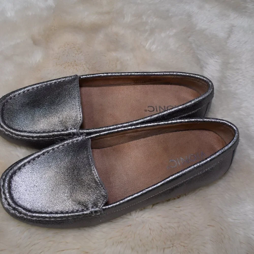 Vionic Metallic Silver Leather Loafers
